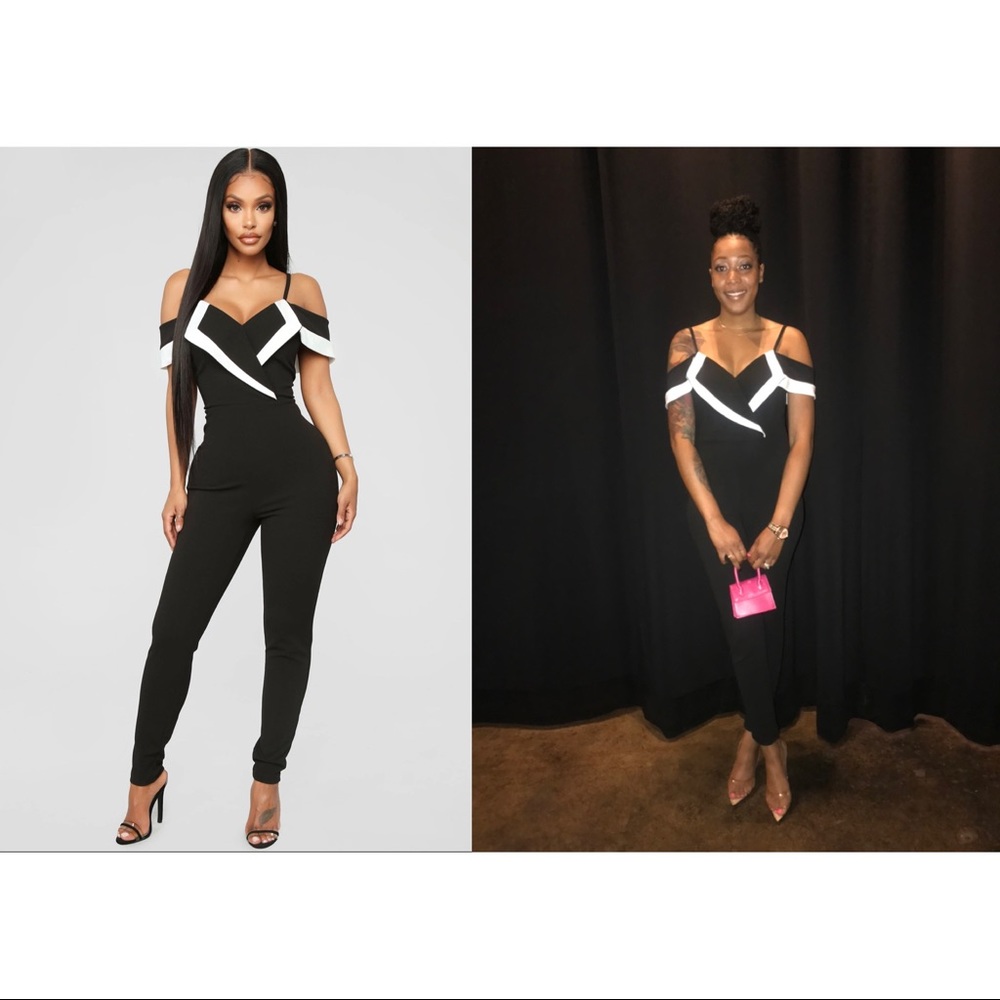 Tux jumpsuit- Isidora Off Shoulder in Black/White